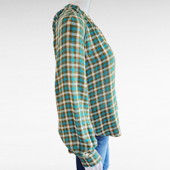 Anthropologie Pilcro Breezy Olive Turquoise  Checkered Flannel Button Down Small - Picture 6 of 12